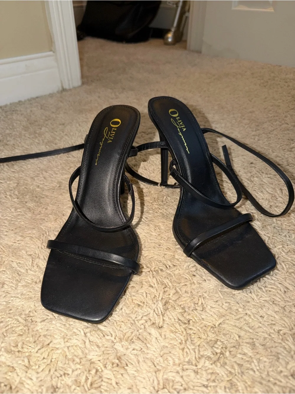 Olivia Ferguson Black Strappy Square-Toe Stiletto Sandals